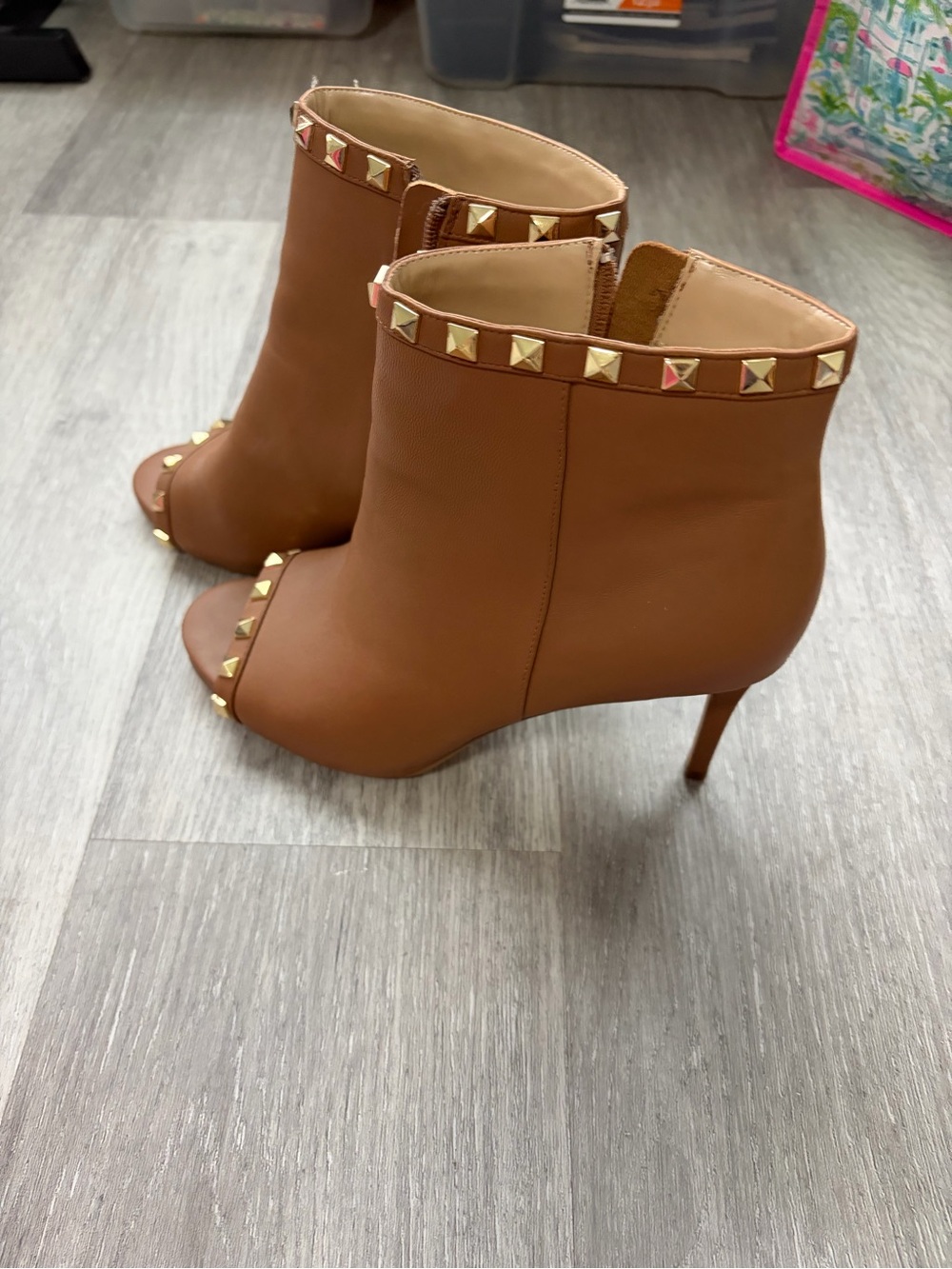 White House Black Market Tan Studded Peep-Toe Ankle Boots